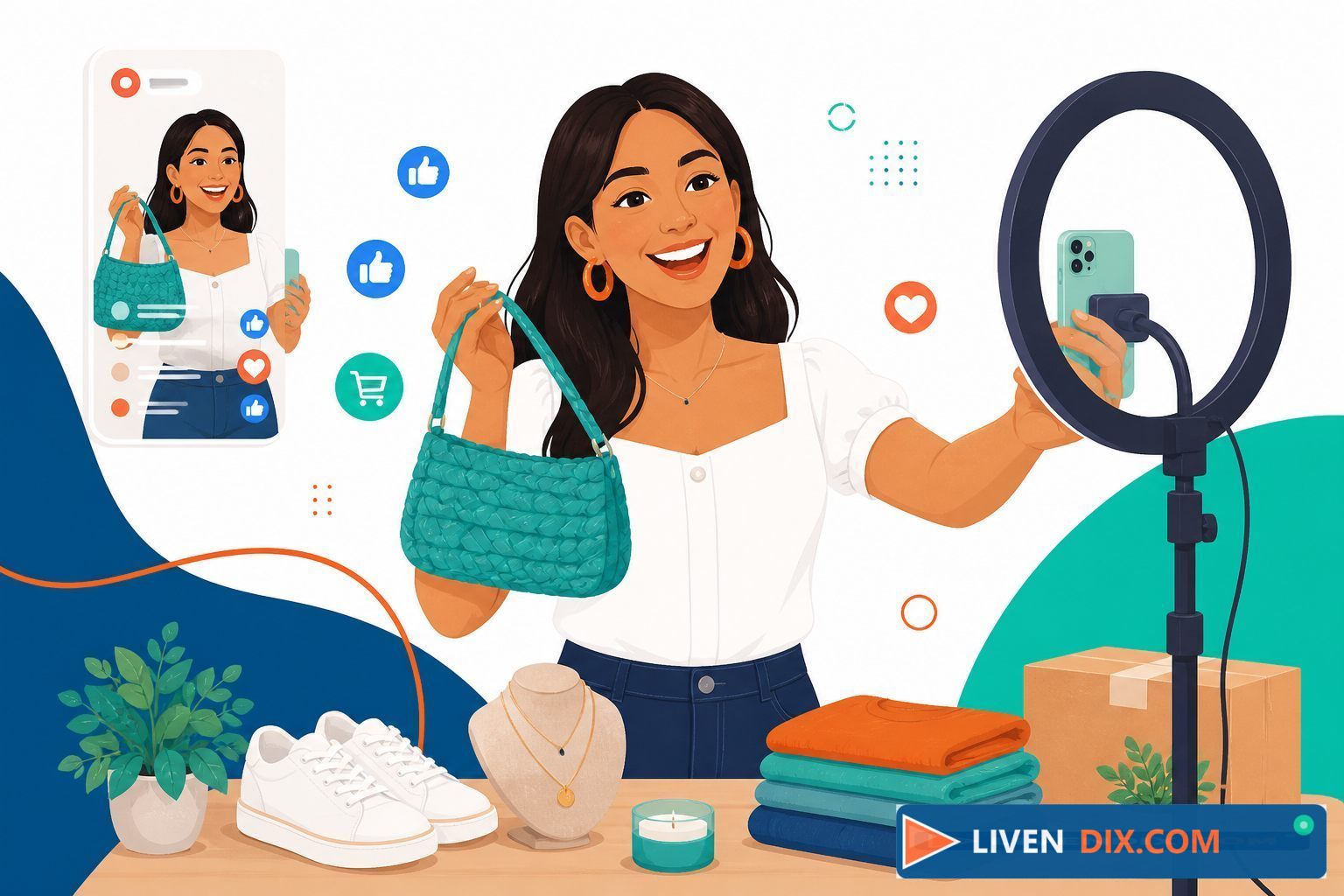 Vendedora transmitiendo en vivo con productos y celular