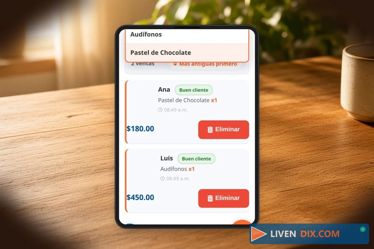 Lista de ventas del día en Livendix con un pastel y unos audífonos