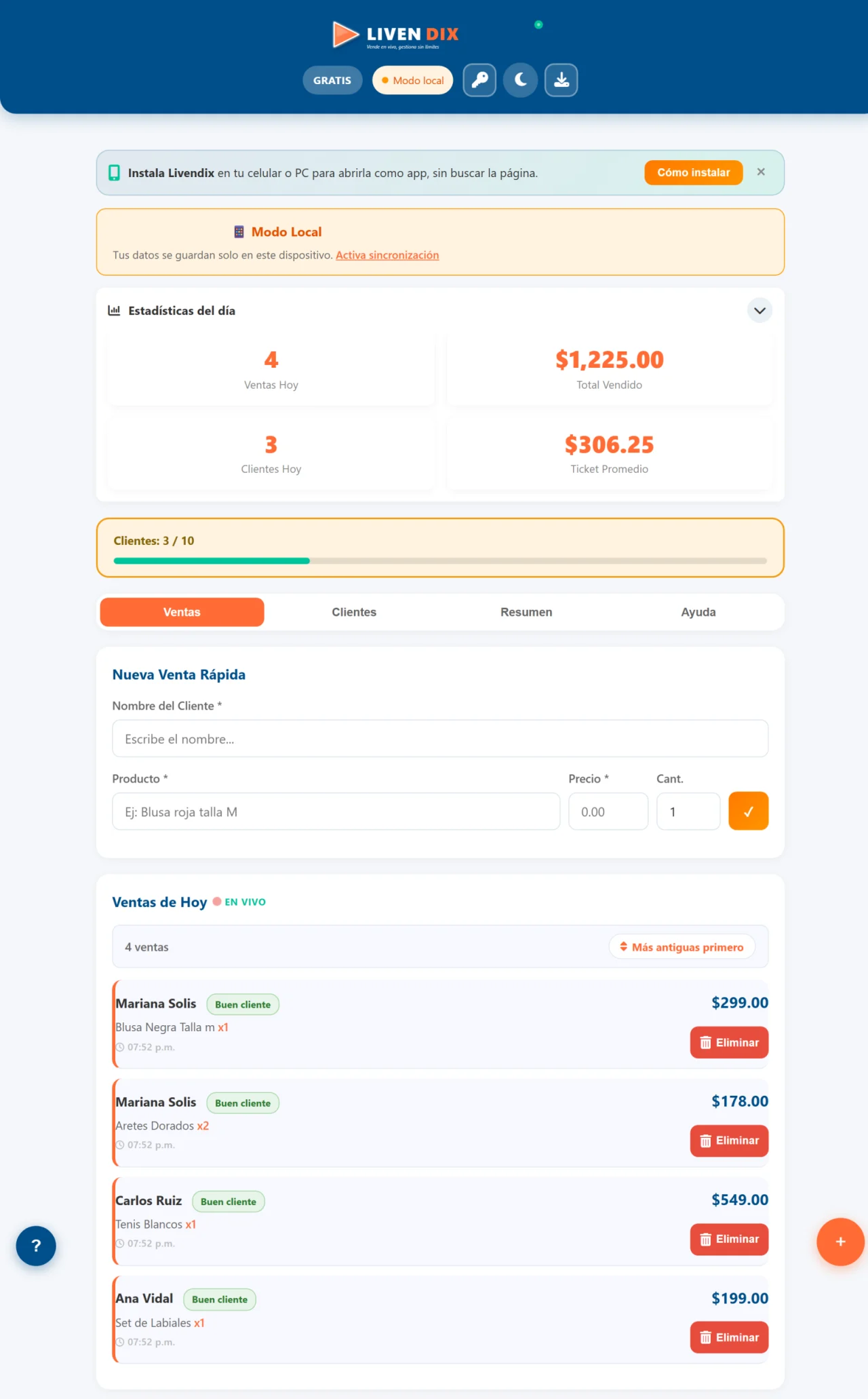 Te presentamos Livendix: Pantalla de ventas de Livendix: formulario de nueva venta y pedidos del día