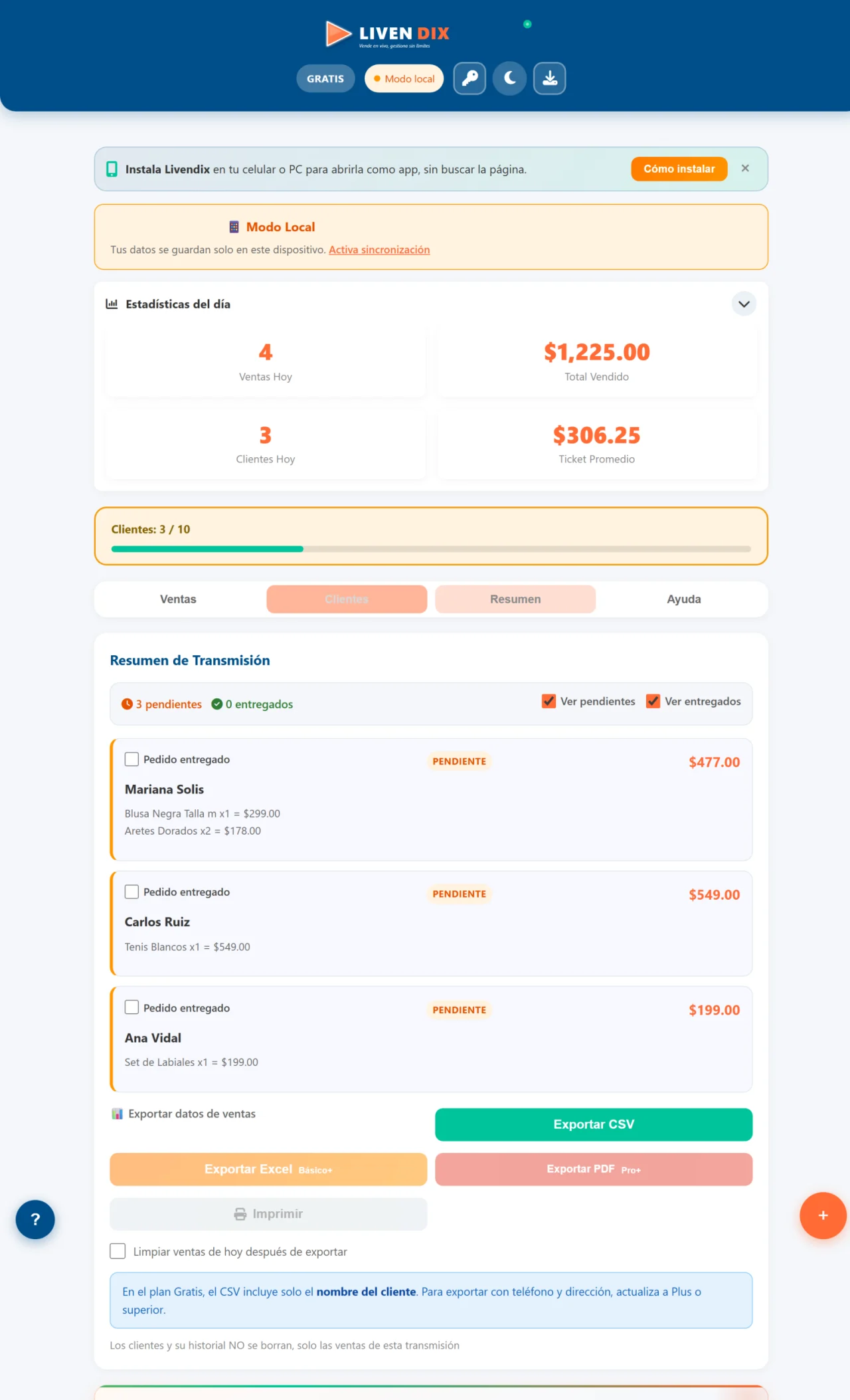 Resumen de transmisión de Livendix agrupado por comprador