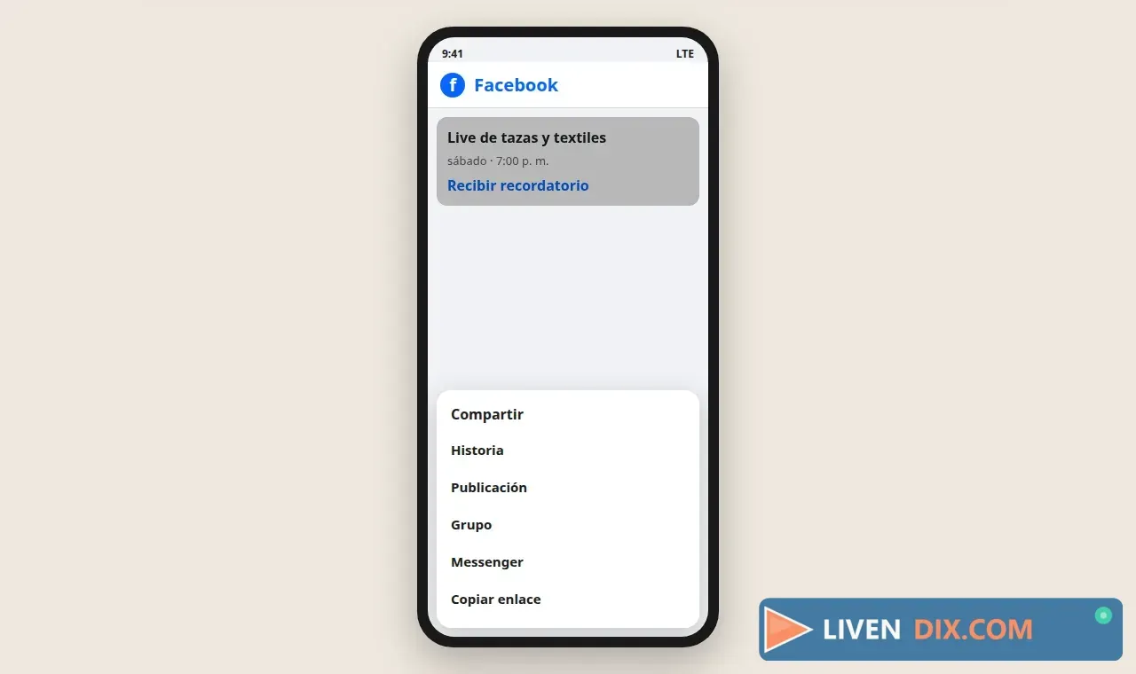 Guía del aviso del live, con Recibir recordatorio y el menú Compartir: historia, publicación, grupo, Messenger y copiar enlace