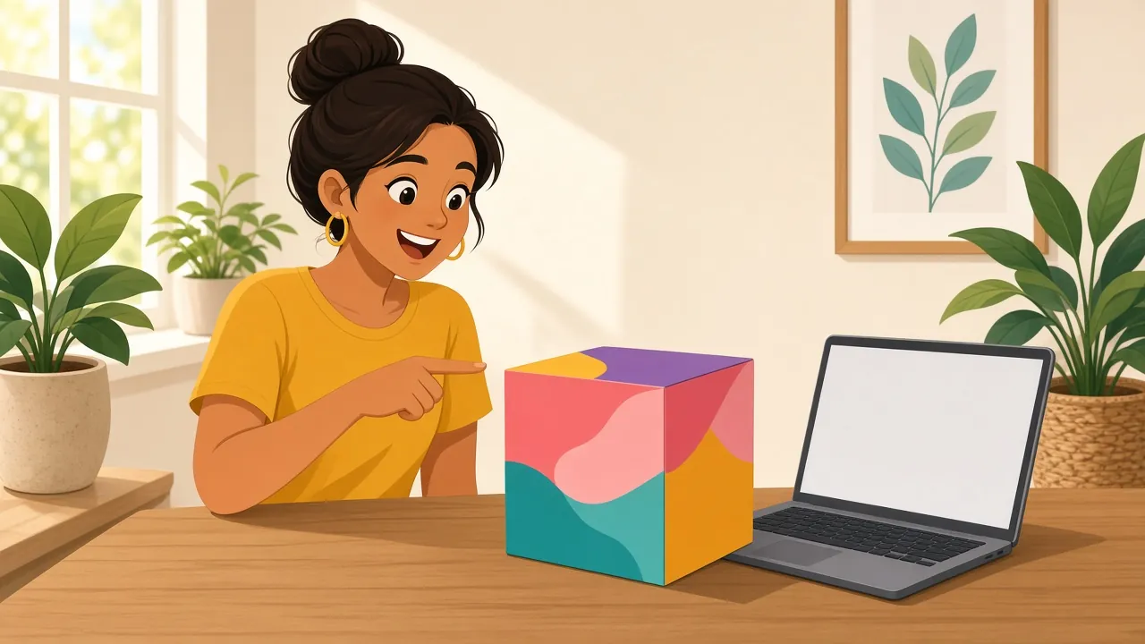 Renata, con el pelo recogido y aretes dorados, señala una caja de colores junto a una laptop con la pantalla en blanco